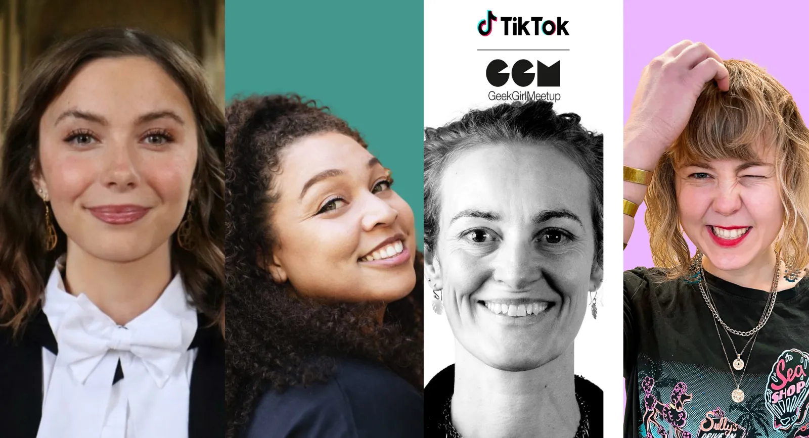 Portraits of four women beside the TikTok and Geek Girl Meetup logos.